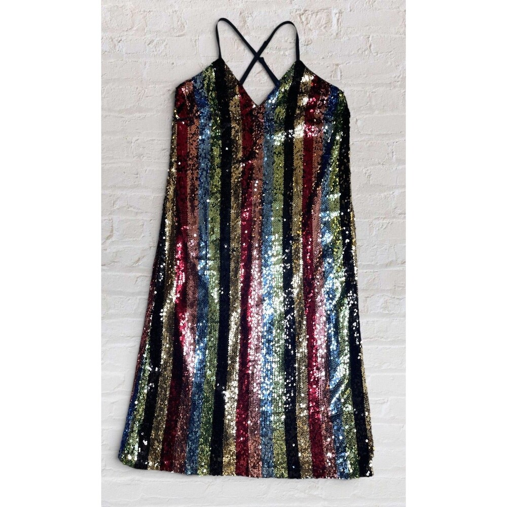 LUCY PARIS Sequin Midi Dress Women MED Multi Color Crisscross Adjustable Straps